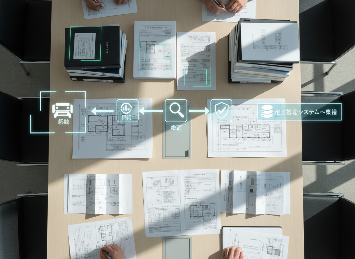 An overhead, photographic shot of a long, light-wood conference table covered with various physical仕様書: thick bound documents, stapled A3 drawings, and folded order sheets in Japanese. Above the papers, semi-transparent digital graphics appear, showing an AI OCR workflow pipeline: icons symbolizing scanning, recognition, validation, and export into an order management system. Each type of document has thin, luminous frames highlighting text regions being interpreted. Soft, diffused daylight from large unseen windows produces gentle shadows from the document stacks, creating a calm yet focused atmosphere. The composition is symmetrical, looking straight down, with sharp detail that emphasizes the breadth of document handling supported by the SaaS.