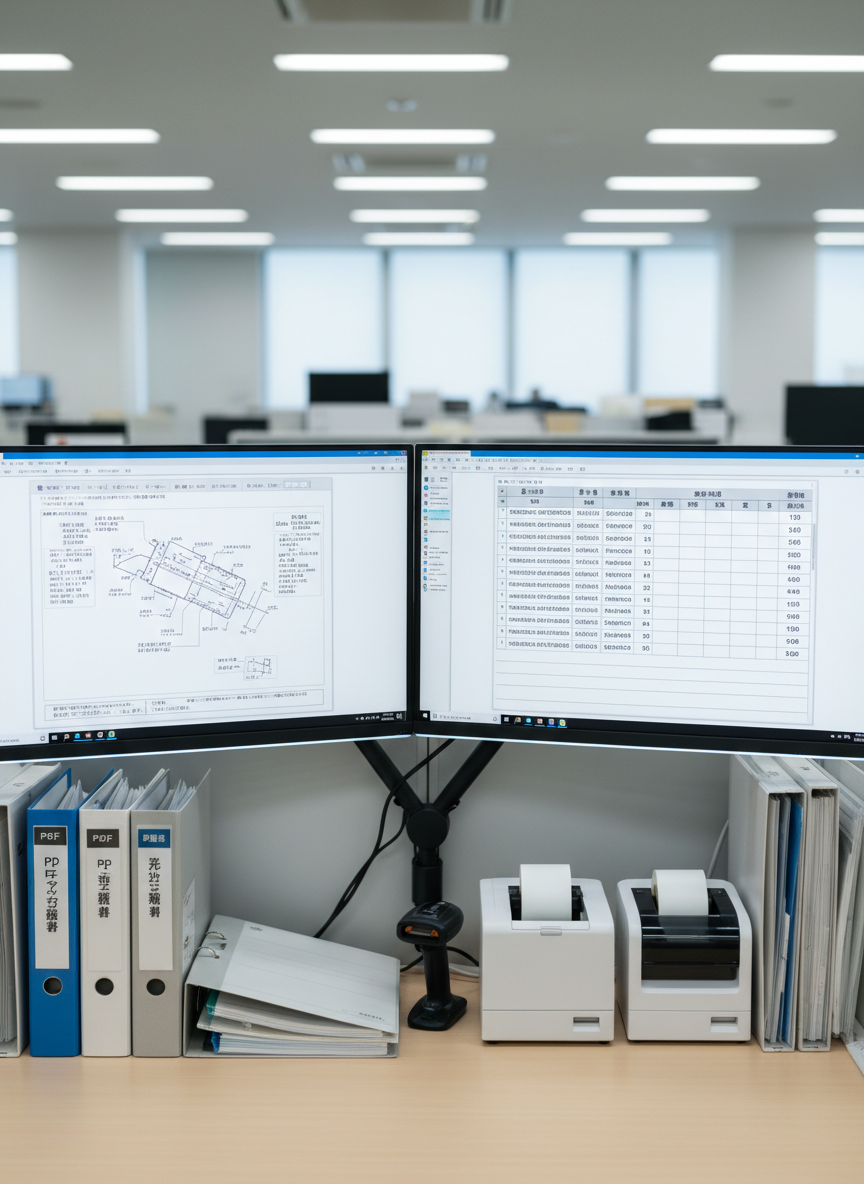 A dual-monitor workstation in a modern Japanese office, both displays filled with complex PDF仕様書 and Excel-like tables of extracted material data. On one screen, a zoomed-in technical drawing with annotations; on the other, clearly structured columns of item codes, dimensions, and quantities generated by AI OCR. The desk surface shows neatly arranged ring binders labeled in Japanese, a barcode scanner, and a compact label printer, implying the start of order processing. Cool white LED lighting gives consistent illumination with subtle reflections on the glossy monitor bezels. Captured in photographic realism from a wide, slightly elevated angle, with balanced composition emphasizing productivity and the seamless flow from unstructured documents to usable data.