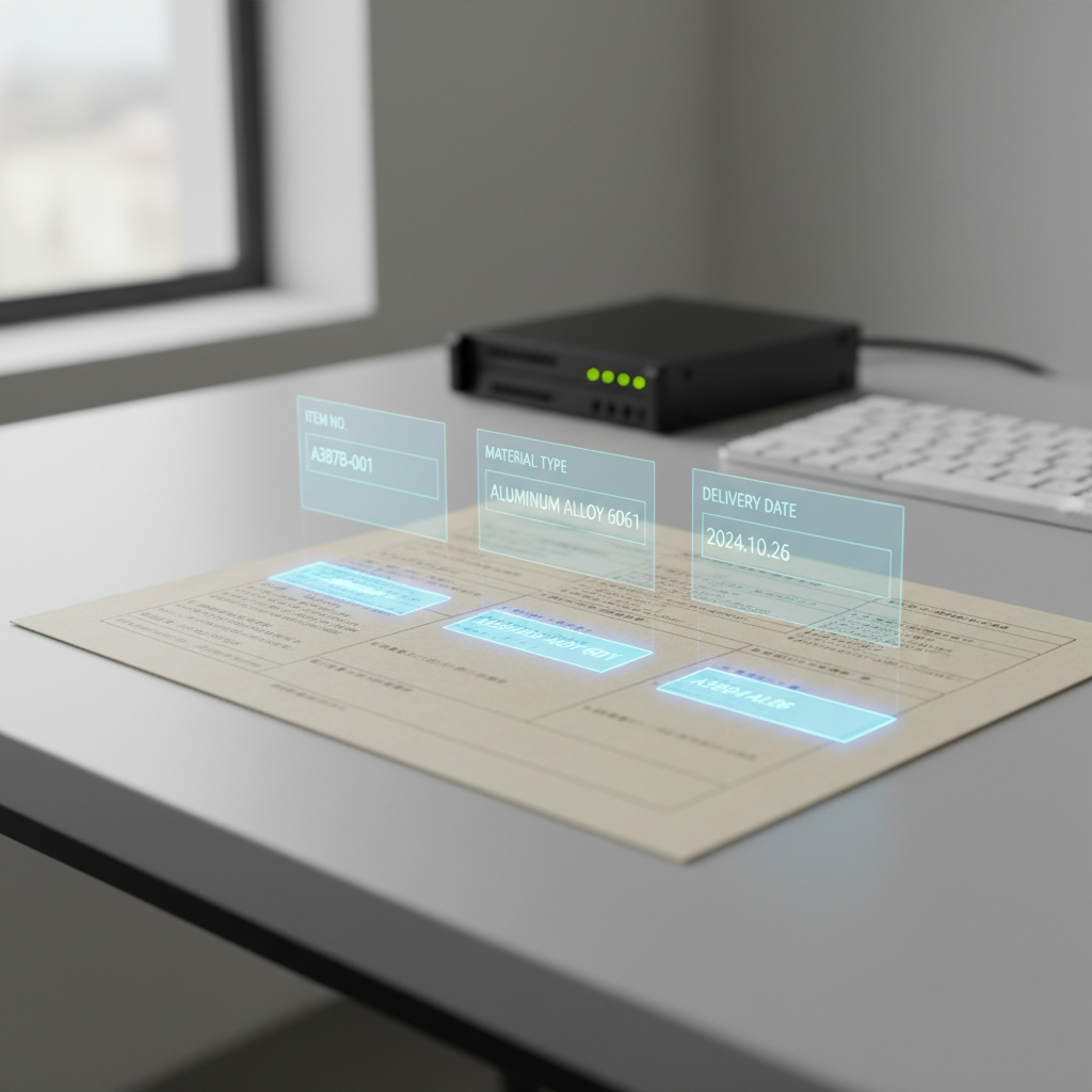 A close-up, photographic view of an industrial specifications document spread across a light gray desk, with certain Japanese text blocks framed by translucent digital overlays as if an invisible AI OCR system is reading them. Floating holographic-style rectangles show cleanly organized fields like item number, material type, and delivery date, all aligned with the underlying document. In the background, slightly out of focus, sit a compact server device and a minimalist keyboard. Neutral, diffused daylight from a nearby window illuminates the paper fibers and crisp printed characters, giving a calm, precise mood. Shot from a slightly elevated angle with shallow depth of field for a modern, high-tech yet understated aesthetic.